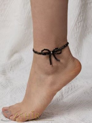 Стилно ръчно изработена гривна за крак от черни фасетирани мъниста синци 3 мм с нежна панделка,  4,5 см, дълга 21 см удължител 6 см - N1717